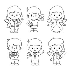 Vector of careers character outline set for coloring book (scientist, athlete, actress, photographer, journalist, fashion stylist)