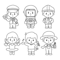 Vector of careers character outline set for coloring book (postman, astronaut, engineer, dancer, singer, farmer)