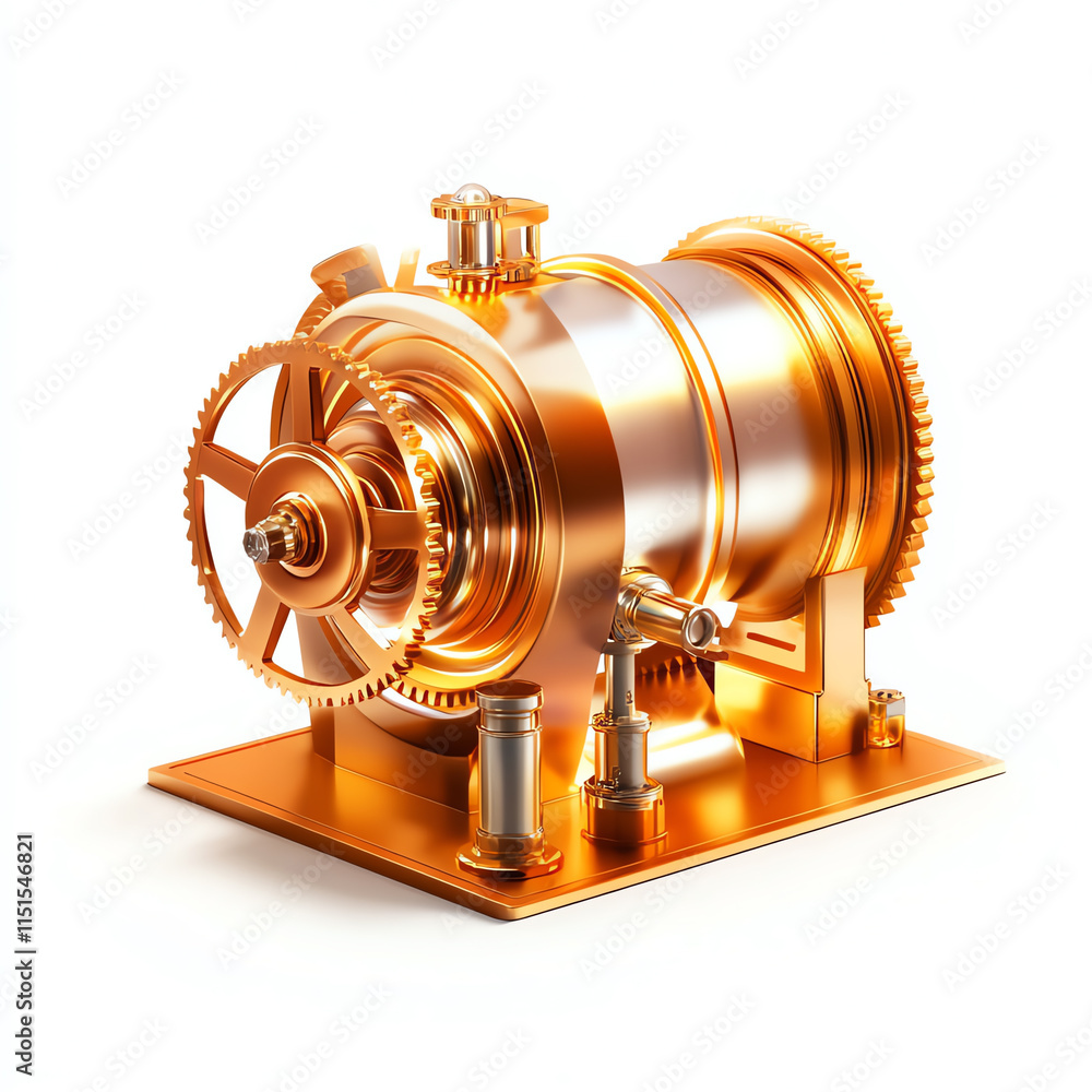 Poster detailed golden mechanical device with intricate gears and pipes, representing innovation in enginee