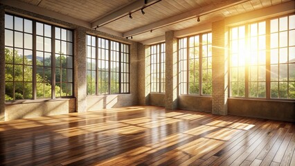 Sunlit Empty Room with Expansive Windows and Hardwood Floors