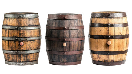 Set of Three Wooden Barrels Isolated on White Background