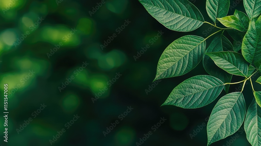 Poster blurred bokeh idea. a close-up view of green leaves with intricate details against a blurred backgro