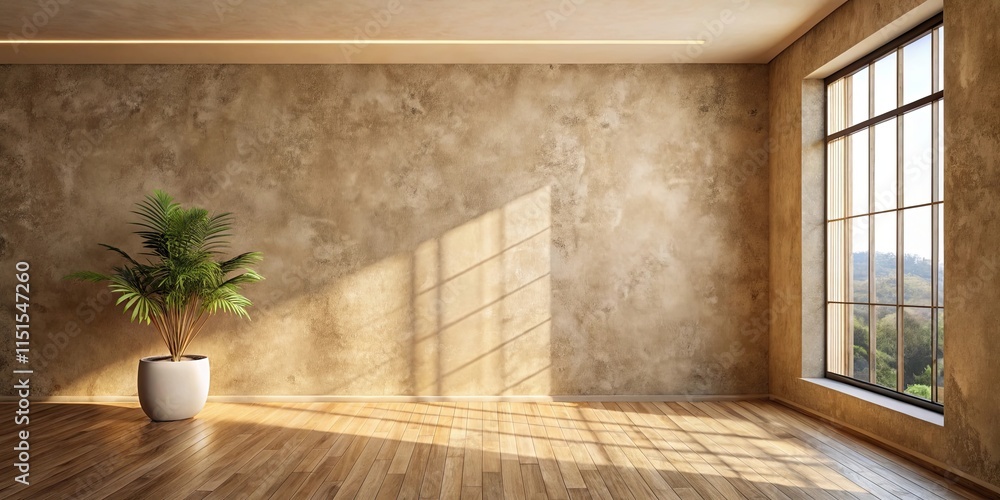 Sticker Sunlit Room with Textured Wall and Hardwood Floor