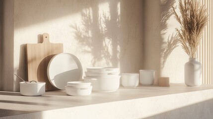 Serene Kitchen Still Life Featuring Minimalist White Dinnerware, Wooden Board, and Dried Floral Arrangement Bathed in Soft Natural Light