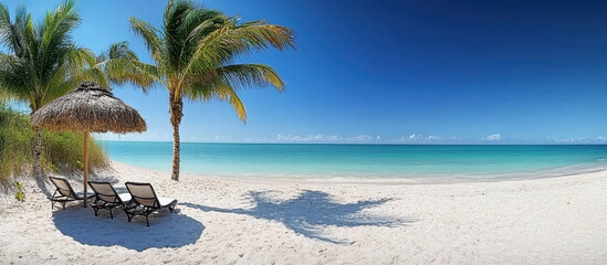 beach scene with three lounge chairs under an umbrella, surrounded by palm trees and crystal-clear blue water. The sky is clear and bright, creating a perfect setting for relaxation or vacation 