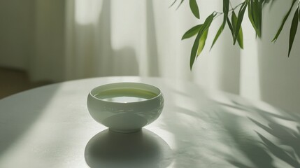 Serene Minimalist Still Life Featuring a Simple White Bowl on a Table Surrounded by Soft Natural Light and Gentle Green Leaves