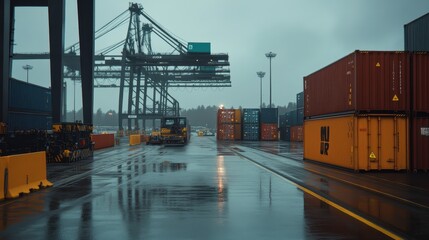 Industrial port scene featuring shipping containers, cranes, and rainy weather, showcasing a busy logistics environment in a modern cargo terminal.