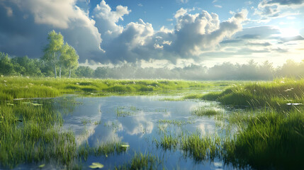 Fototapeta premium Stunning Nature Landscape: Serene Lake, Lush Grass, and Dramatic Sky