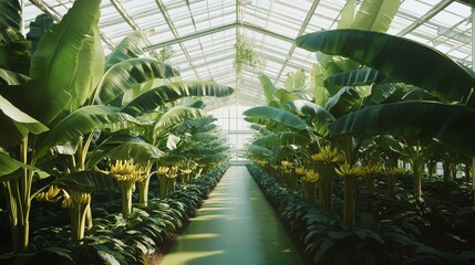 50.Rows of banana plants thriving inside a large industrial greenhouse, with broad leaves and bunches of bananas visible in various stages of ripeness. The controlled environment and structured