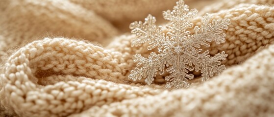 A beautiful snowflake adorns a cozy beige sweater, showcasing the contrast between winter's chill and the warmth of knitted fabric