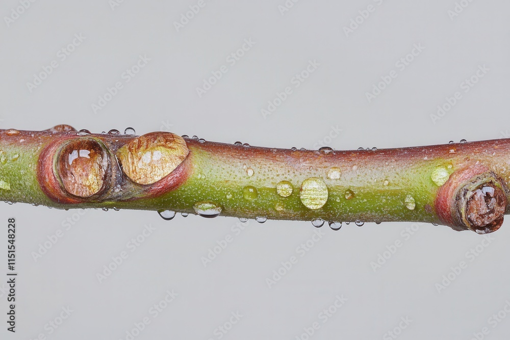 Poster Macro Photography of a Refreshing Branch with Dew Drops Captured in Soft Studio Lighting Against a Seamless White Background Perfect for Nature and Botanical Themes