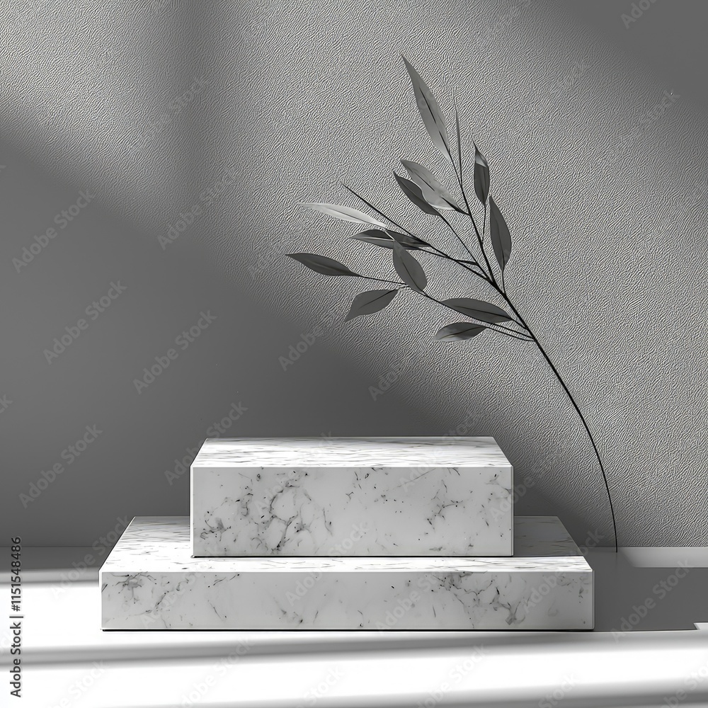 Poster a minimalist 3d rendering of a two-tiered white marble product display stand with a stylized metal b