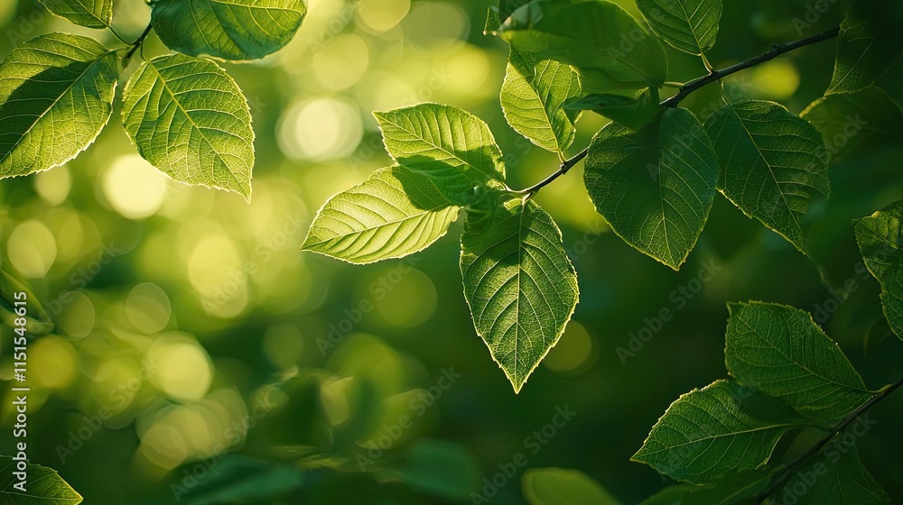Poster blurred bokeh idea. lush green leaves illuminated by soft sunlight, creating a serene and vibrant at