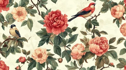 Gardinen 88.Delicate Chinoiserie mural design with vibrant peonies and charming birds set among leafy branches, presented in a balanced, symmetrical pattern that embodies traditional artistry and refined © Sinechana