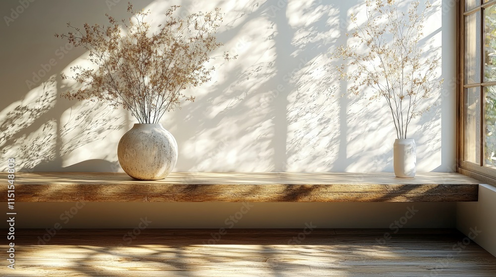Aufkleber sunlight streams through a window illuminating a rustic wooden shelf holding two white vases with dr