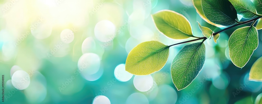 Poster blurred bokeh idea. close-up of vibrant green leaves with a soft, blurred background of light.