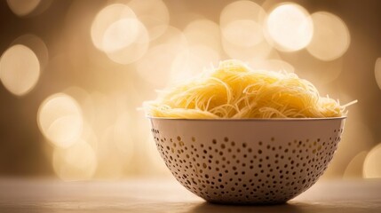 Soft and Delicate Noodles in a White Bowl with a Dreamy Blurred Background of Warm Golden Lights Ideal for Food and Culinary Themed Projects