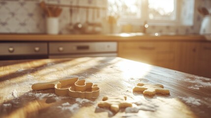 Soft Glow of Morning Light on Rustic Kitchen Counter with Cookie Cutters and Dough, Capturing the Joy of Baking and Warm Home Atmosphere