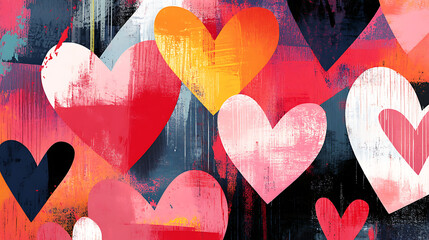 Valentine's card design with a blend of vibrant heart-themed illustrations, modern fonts, and a textured background 