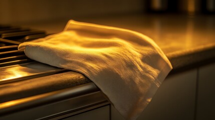 Soft kitchen cloth draped on countertop, illuminated by warm natural light, creating a cozy and inviting atmosphere for culinary spaces and home cooking enthusiasts