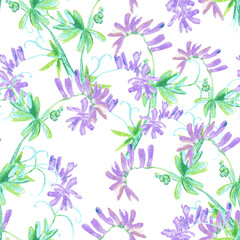 Purple flowers wax crayons seamless pattern on white isolated background. Textural and botanical repeating pattern. Design for textiles, wrapping paper and wallpaper.