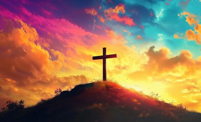 A silhouette of a cross stands on a hilltop as a vibrant sunset paints the sky with shades of orange, pink, and blue. The clouds add depth to this serene landscape.