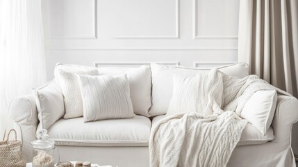 Serene White Living Room Interior Design: Cozy Sofa with Soft Pillows and Knitted Blanket