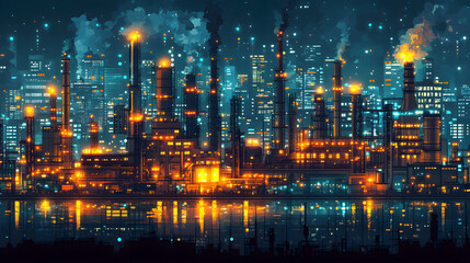 Vibrant Night Scene of Industrial Cityscape with Smoke and Lights