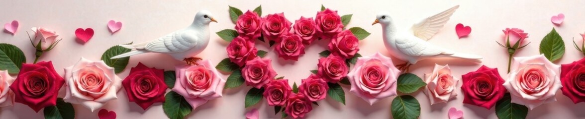Obraz premium An elegant floral arrangement featuring a heart-shaped rose garland and two doves , wedding decor, birds