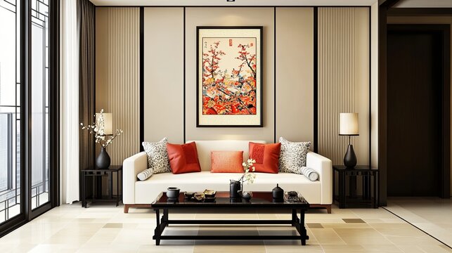 8h A living room with beige walls, a white sofa, and a pic