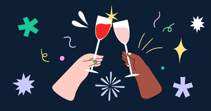 Toasting in Celebration with Wine and Champagne Vector Illustration. Firework, stars, sparks and decorative elements. 