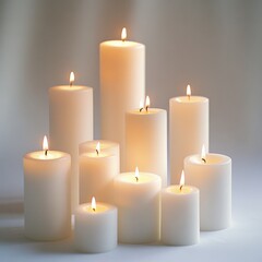group of burning white candles of varying heights