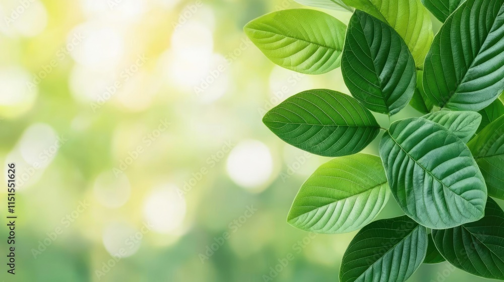 Poster blurred bokeh idea. close-up of fresh green leaves with a soft blurred background for nature themes.