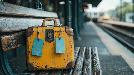 Vintage Suitcase on a Train Station Bench