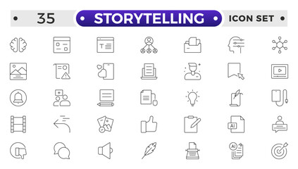 Storytelling and content creator Outline icon, creative campaign among blog audience, article and typewriter of author. Storytelling thin line icons set vector illustration.