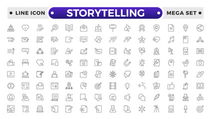 Storytelling and content creator Outline icon, creative campaign among blog audience, article and typewriter of author. Storytelling thin line icons set vector illustration.