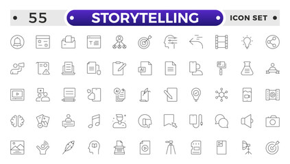Storytelling and content creator Outline icon, creative campaign among blog audience, article and typewriter of author. Storytelling thin line icons set vector illustration.