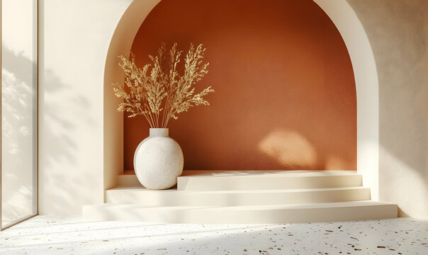 A serene interior space featuring a terracotta wall, steps, and a vase with dried plants.