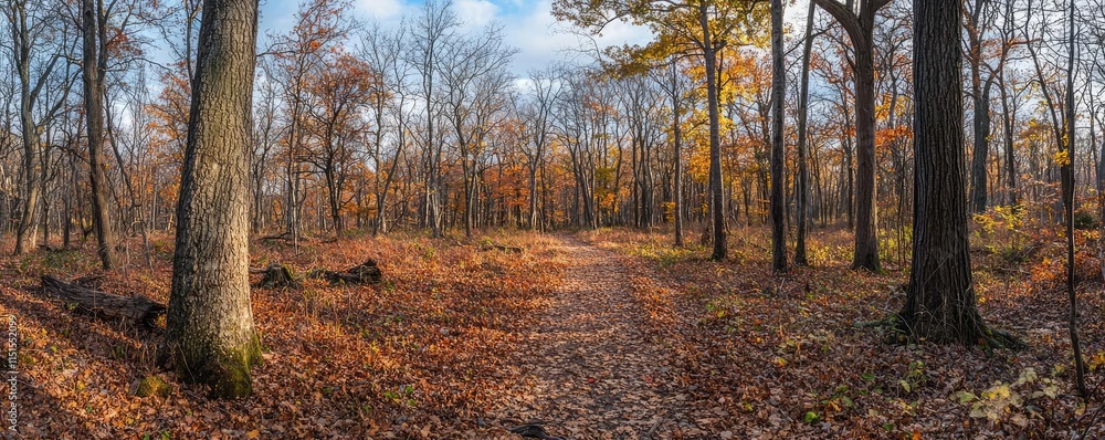 Poster autumn forest concept. serene autumn landscape with trees and a winding path covered in colorful lea
