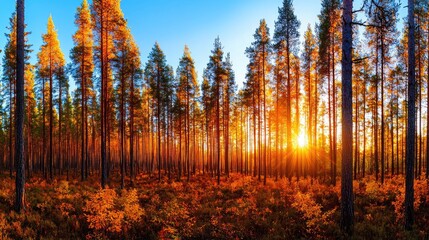 Fototapeta premium Autumn forest concept. Breathtaking sunset illuminating a serene forest filled with tall trees and autumn colors.