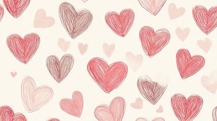 Hand drawn valentine's day holiday background with abstract hearts, seamless light wallpaper pattern perfect for graphic design, invitations, crafts, and romantic projects