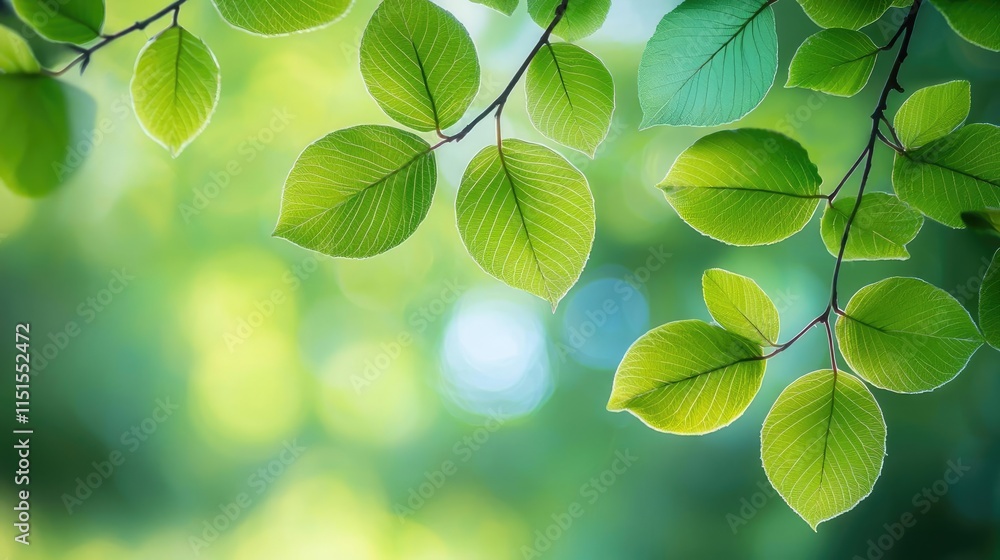 Poster blurred bokeh idea. lush green leaves illuminated by soft light, creating a serene natural atmospher