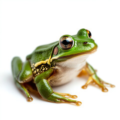 Obraz premium Green frog sitting calmly, showcasing vibrant colors and intricate textures, isolated on white background.