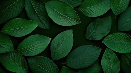 Fototapeta premium Foliage abstract background concept. A close-up view of lush green leaves arranged harmoniously on a dark background.