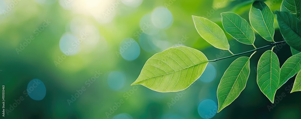 Poster blurred bokeh idea. vibrant green leaves with soft sunlight and bokeh background creating a refreshi
