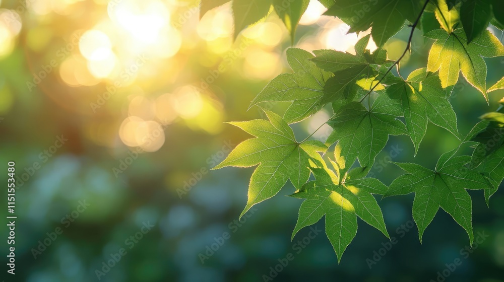 Poster blurred bokeh idea. sunlit green leaves with a soft bokeh background, perfect for nature and tranqui