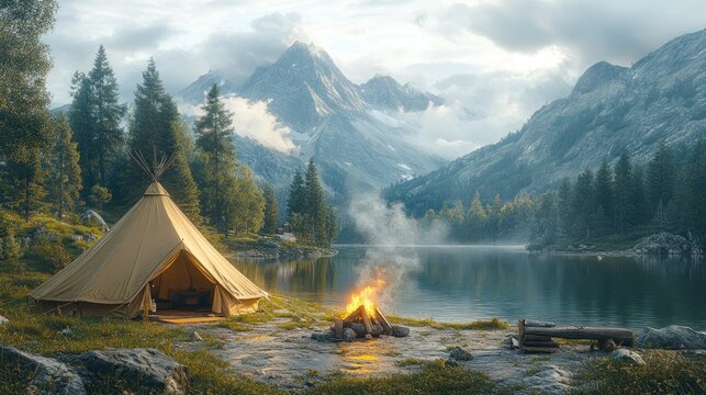 Tranquil lakeside campsite with tipi tent, campfire, and majestic mountain backdrop.
