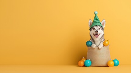Fototapeta premium Happy Dog in Party Hat with Colorful Decorations