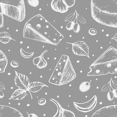 Seamless vector pattern on a gray background with white contour drawings of cheese, basil, olives and garlic.Perfect for wrapping paper, restaurant decoration walls, towels, menu