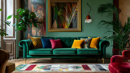Opulent Green Velvet Sofa in a Luxurious Living Room